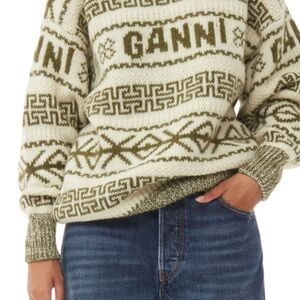 Ganni Olive and Cream Geometric Sweater